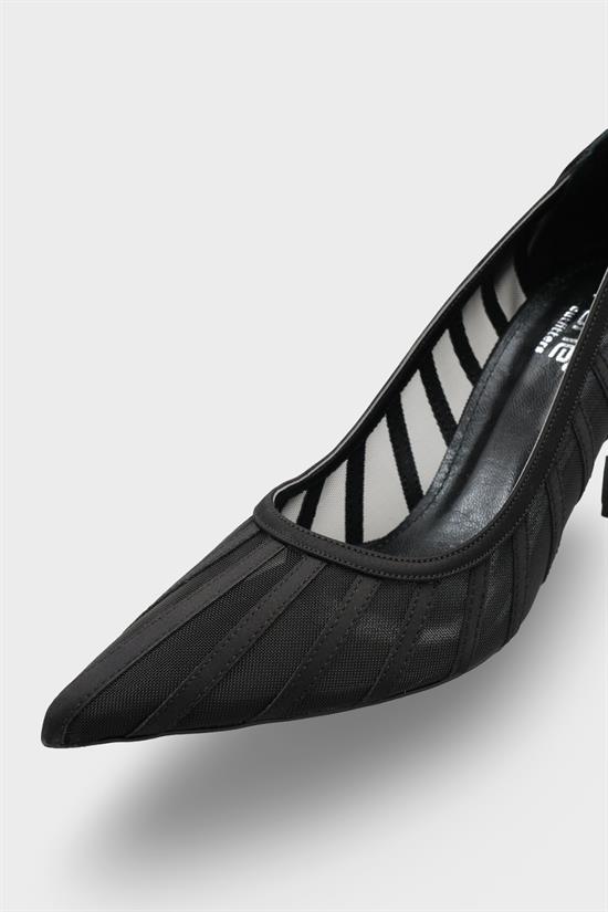 Capone Micheline Genuine Leather Lined Pointed Toe Mid Heel Mesh Satin Women Satin Black Shoe image 4