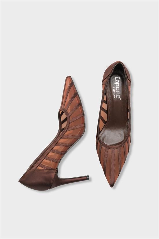 Capone Micheline Genuine Leather Lined Pointed Toe Mid Heel Mesh Satin Women Satin Brown Shoe image 6