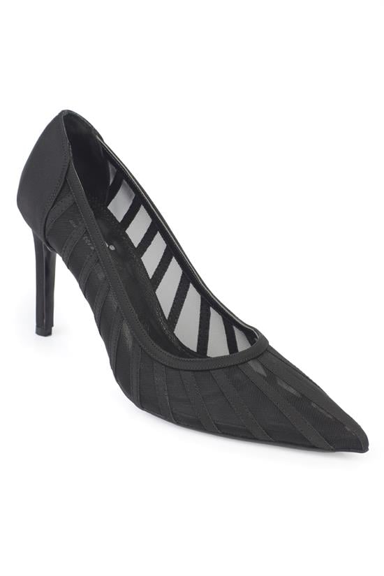 Capone Micheline Genuine Leather Lined Pointed Toe Mid Heel Mesh Satin Women Satin Black Shoe