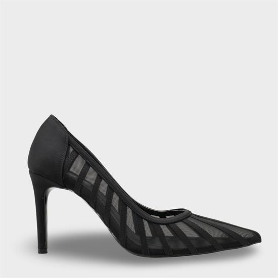 Capone Micheline Genuine Leather Lined Pointed Toe Mid Heel Mesh Satin Women Satin Black Shoe image 2