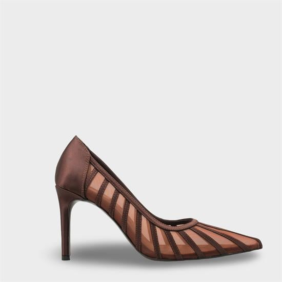 Capone Micheline Genuine Leather Lined Pointed Toe Mid Heel Mesh Satin Women Satin Brown Shoe image 3
