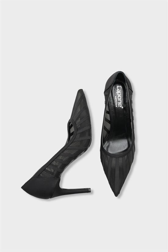 Capone Micheline Genuine Leather Lined Pointed Toe Mid Heel Mesh Satin Women Satin Black Shoe image 6