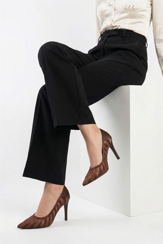 Capone Micheline Genuine Leather Lined Pointed Toe Mid Heel Mesh Satin Women Satin Brown Shoe image 4