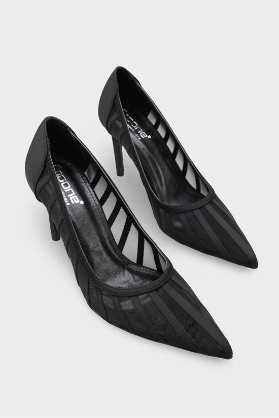 Capone Micheline Genuine Leather Lined Pointed Toe Mid Heel Mesh Satin Women Satin Black Shoe image 3