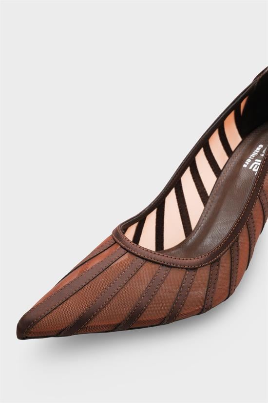Capone Micheline Genuine Leather Lined Pointed Toe Mid Heel Mesh Satin Women Satin Brown Shoe image 5