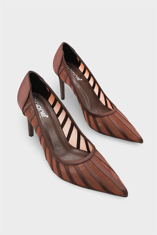 Capone Micheline Genuine Leather Lined Pointed Toe Mid Heel Mesh Satin Women Satin Brown Shoe image 2