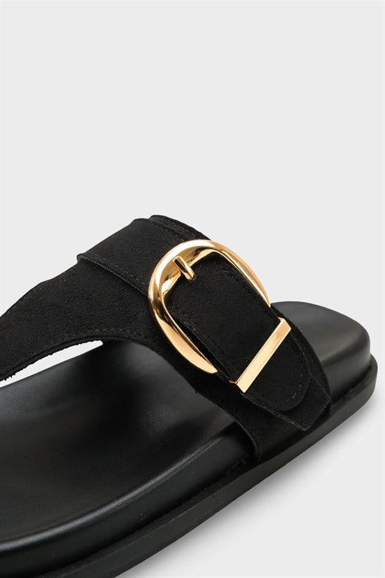 Capone Michell Flat Heel Thong Metal Buckle Suede Look Women Sued Black Sandal image 5