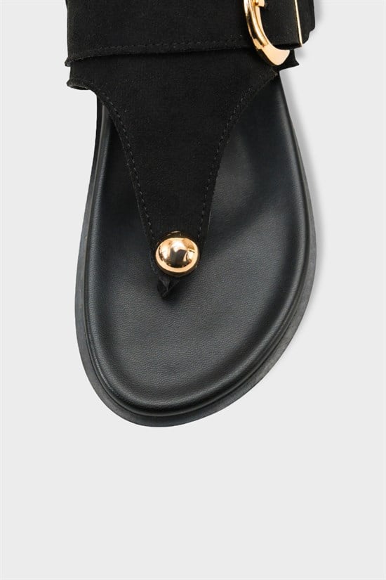 Capone Michell Flat Heel Thong Metal Buckle Suede Look Women Sued Black Sandal image 4