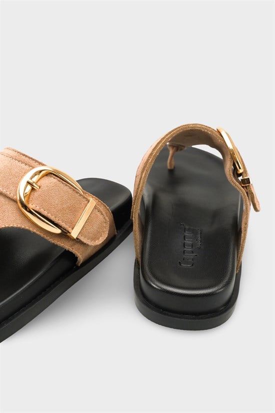 Capone Michell Flat Heel Thong Metal Buckle Suede Look Women Sued Mink Sandal image 6