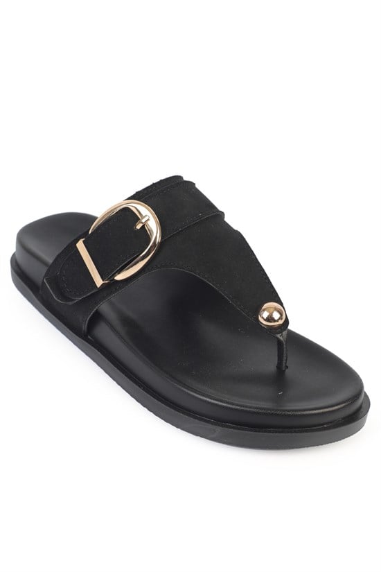 Capone Michell Flat Heel Thong Metal Buckle Suede Look Women Sued Black Sandal