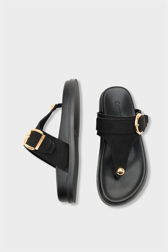 Capone Michell Flat Heel Thong Metal Buckle Suede Look Women Sued Black Sandal image 6
