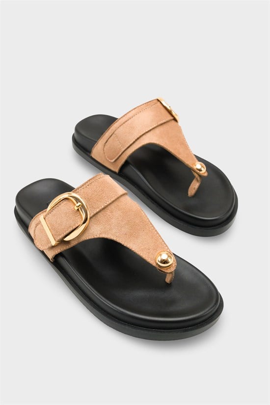 Capone Michell Flat Heel Thong Metal Buckle Suede Look Women Sued Mink Sandal image 3