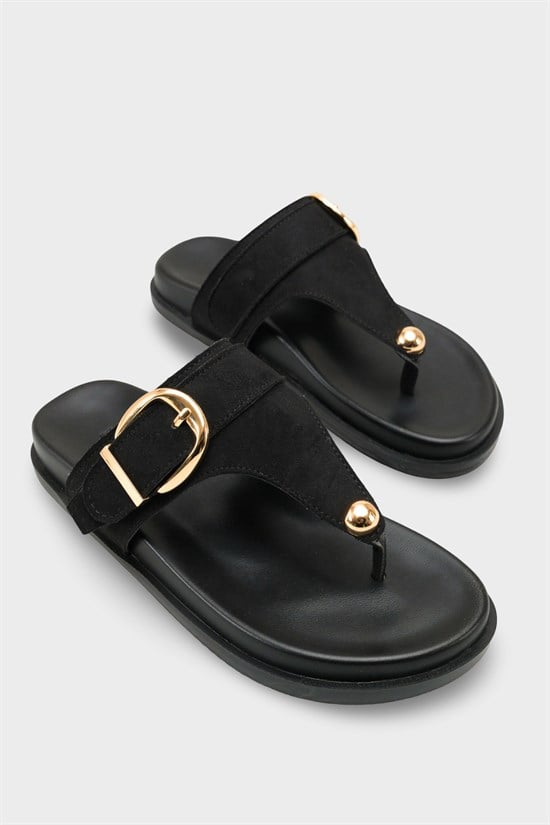 Capone Michell Flat Heel Thong Metal Buckle Suede Look Women Sued Black Sandal image 3