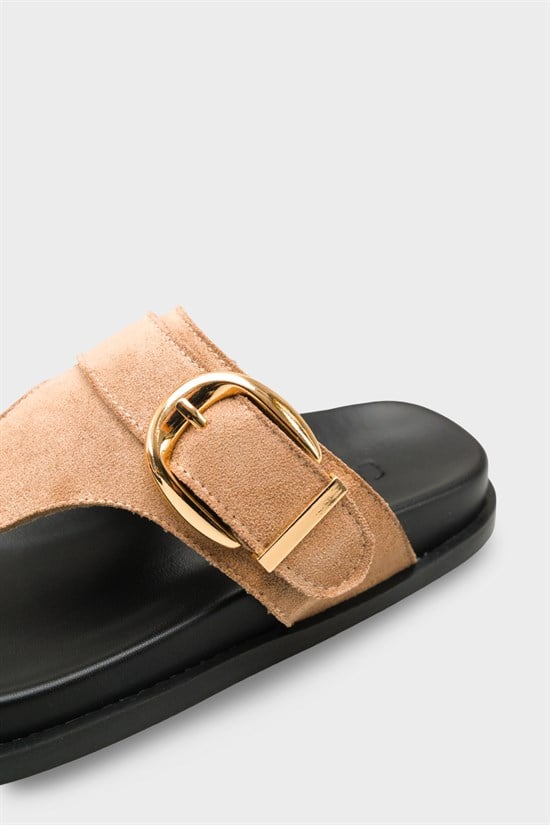 Capone Michell Flat Heel Thong Metal Buckle Suede Look Women Sued Mink Sandal image 5