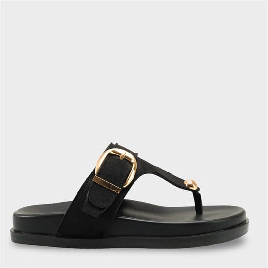 Capone Michell Flat Heel Thong Metal Buckle Suede Look Women Sued Black Sandal image 2