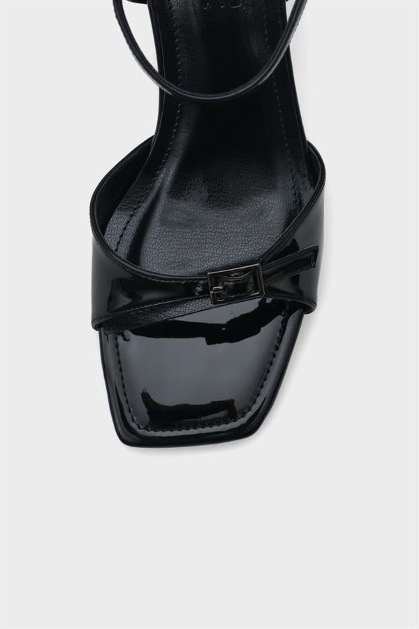Capone Dale Mid Heel Ankle Strap Buckled Women Patent Black Sandals image 3