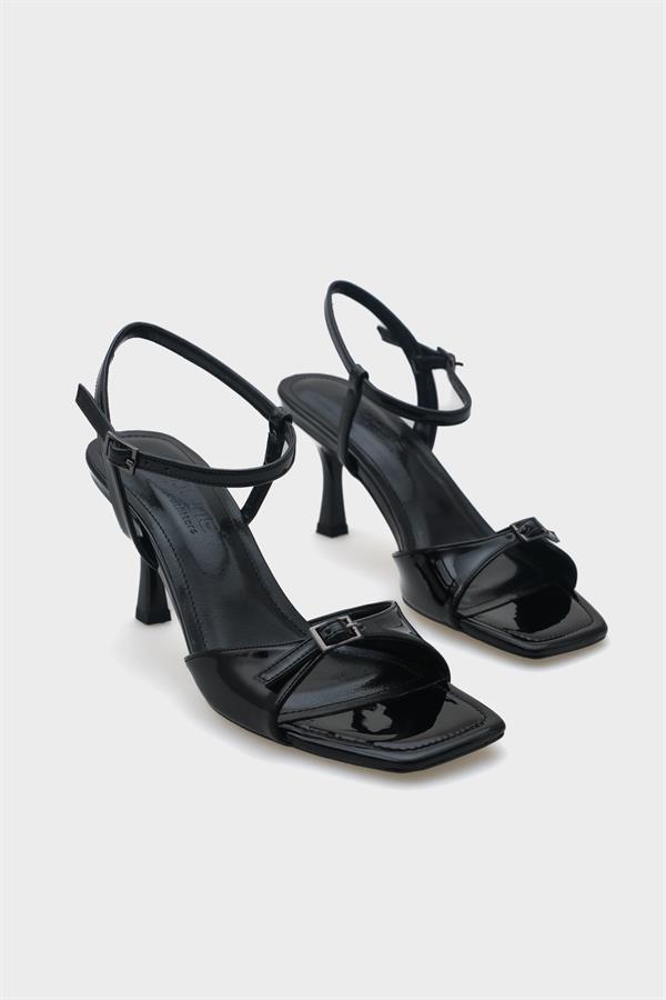 Capone Dale Mid Heel Ankle Strap Buckled Women Patent Black Sandals image 4