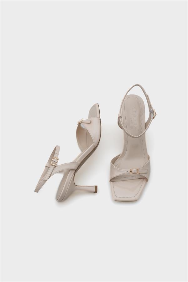 Capone Mid Heel Ankle Strap Buckled Women Patent Ecru Sandals image 6