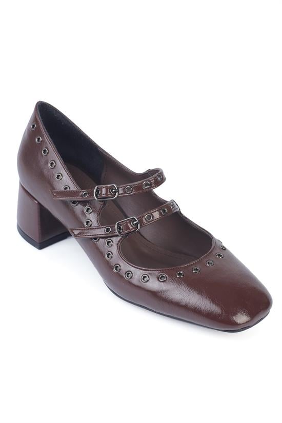 Capone Mid-Heeled Studded Women Brown Mary Jane Shoes