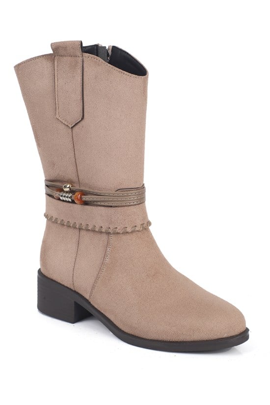Capone Misha Wooden Accessory Handwoven Suede Look Mid Heel Women Sued Mink Long Boot