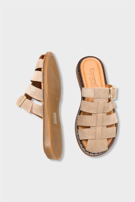 Capone Missy Genuine Suede Gladiator Flat Heel Women Beige Clog image 6