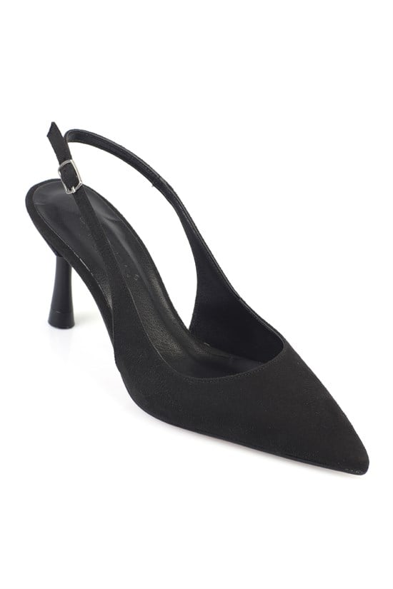 Capone Moina Pointed Toe Mid Heel Slingback Women Sued Black Shoe