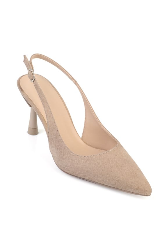 Capone Moina Pointed Toe Mid Heel Slingback Women Sued Beige Shoe