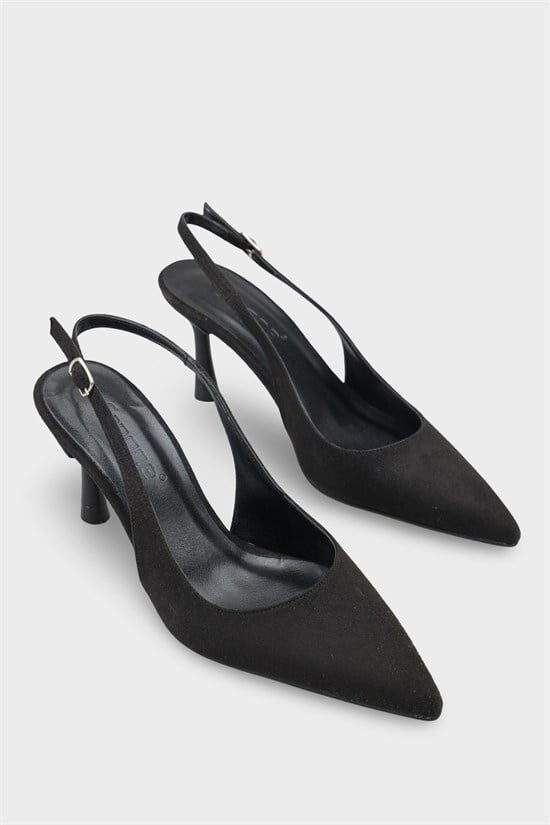 Capone Moina Pointed Toe Mid Heel Slingback Women Sued Black Shoe image 3