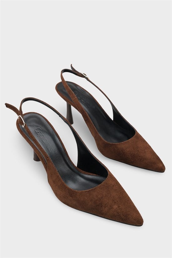 Capone Moina Pointed Toe Mid Heel Slingback Women Sued Brown Shoe image 3
