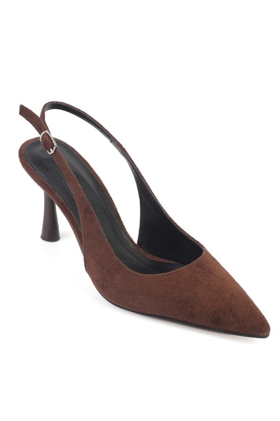 Capone Moina Pointed Toe Mid Heel Slingback Women Sued Brown Shoe