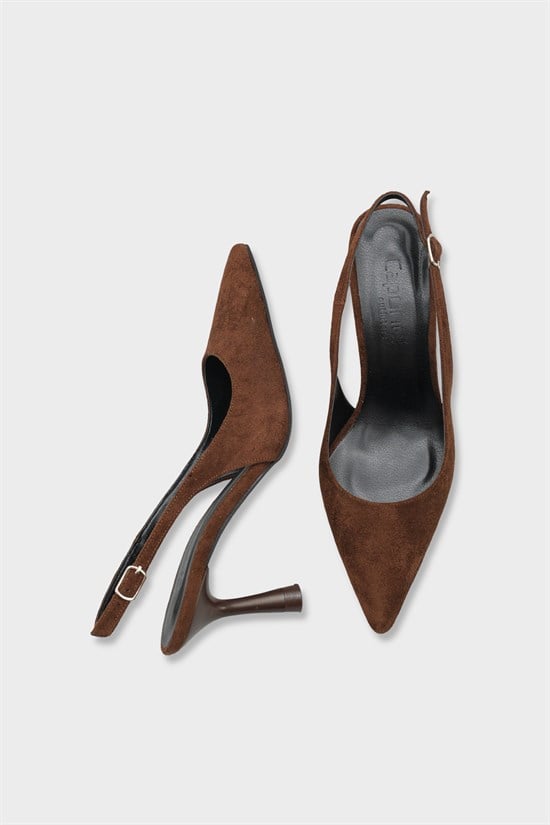 Capone Moina Pointed Toe Mid Heel Slingback Women Sued Brown Shoe image 6