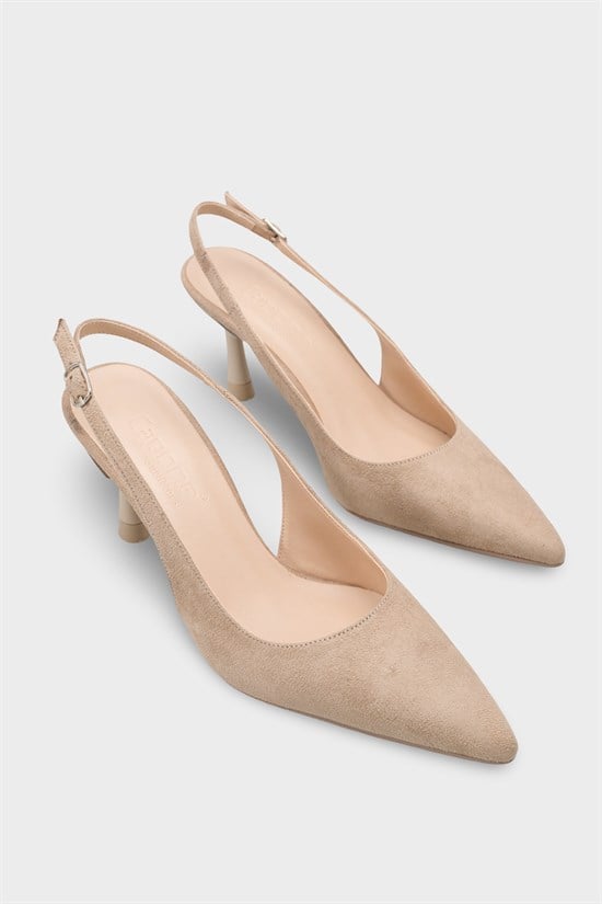 Capone Moina Pointed Toe Mid Heel Slingback Women Sued Beige Shoe image 3
