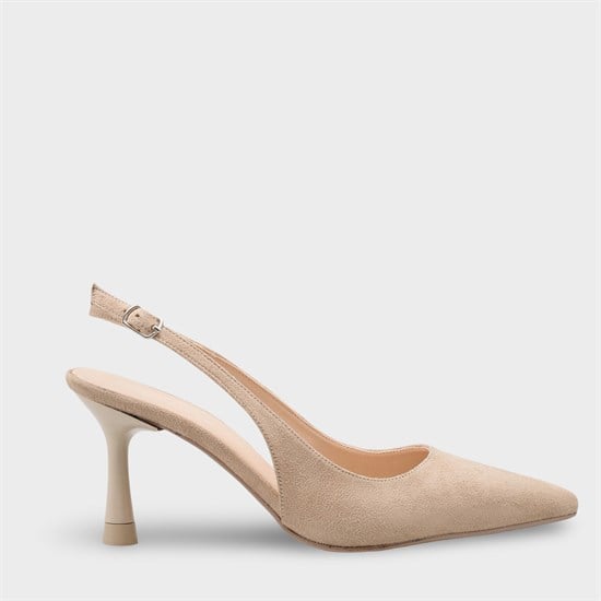Capone Moina Pointed Toe Mid Heel Slingback Women Sued Beige Shoe image 2