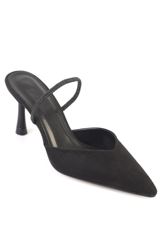 Capone  Moira Pointed Toe Mid Heel Slingback Women Sued Black Shoe
