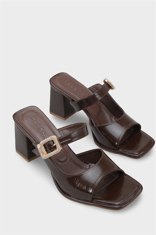 Capone Monika Blunt Toe Medium Heel Crystal Embellished Buckled Women Brown Sandals image 3