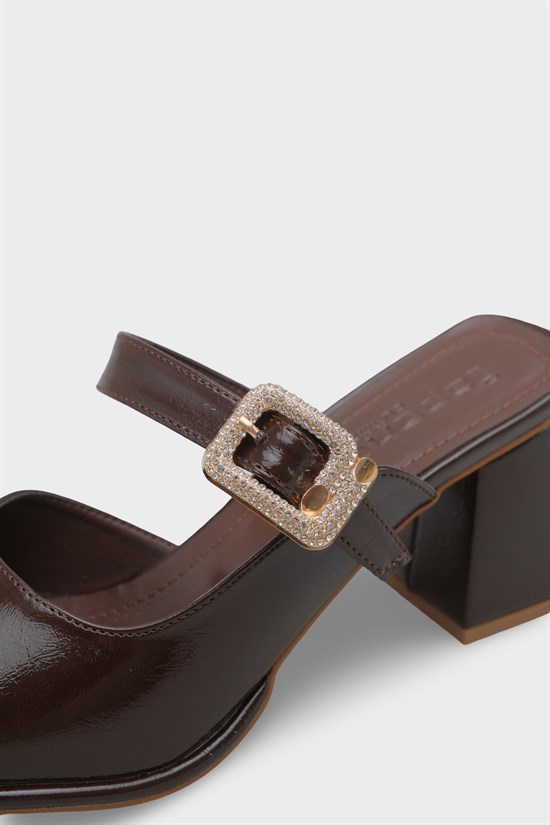 Capone Monika Blunt Toe Medium Heel Crystal Embellished Buckled Women Brown Sandals image 6