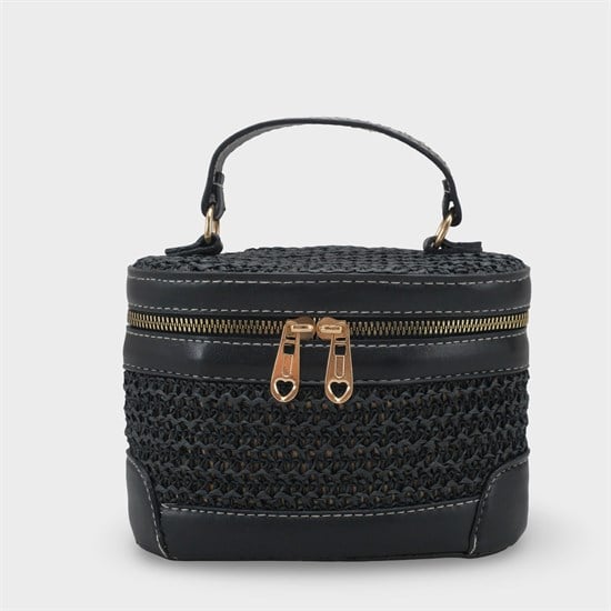 Capone Monte Carlo Raffia Look Box Shape Chain Strap Women Black Bag