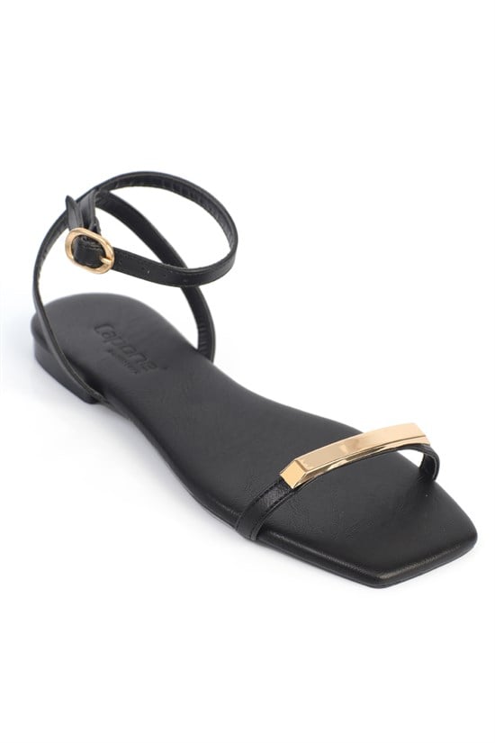 Capone  Nadean Square Toe Metal Single Band Flat Heel Women Black Sandal