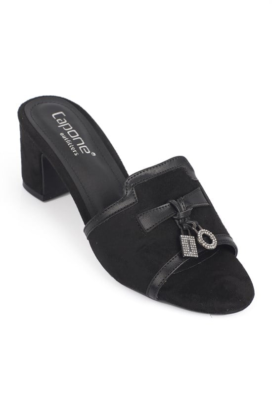 Capone Nady Mid Heel Crystal Embellished Accessory Single Band Women Sued Black Sandal