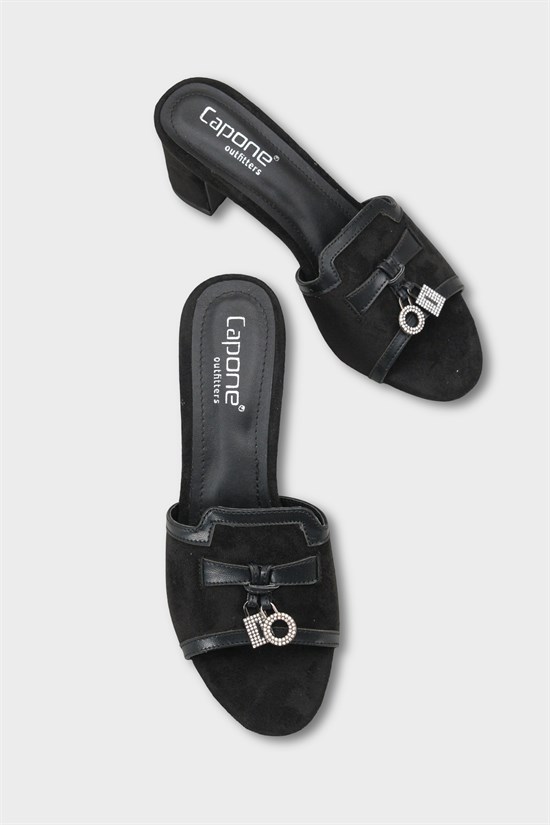 Capone Nady Mid Heel Crystal Embellished Accessory Single Band Women Sued Black Sandal image 4