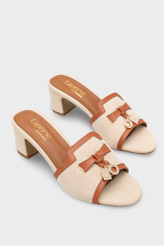 Capone Nady Mid Heel Crystal Embellished Accessory Single Band Women Beige Tan Sandal image 3