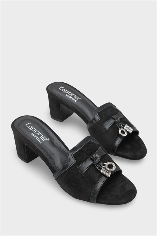 Capone Nady Mid Heel Crystal Embellished Accessory Single Band Women Sued Black Sandal image 3