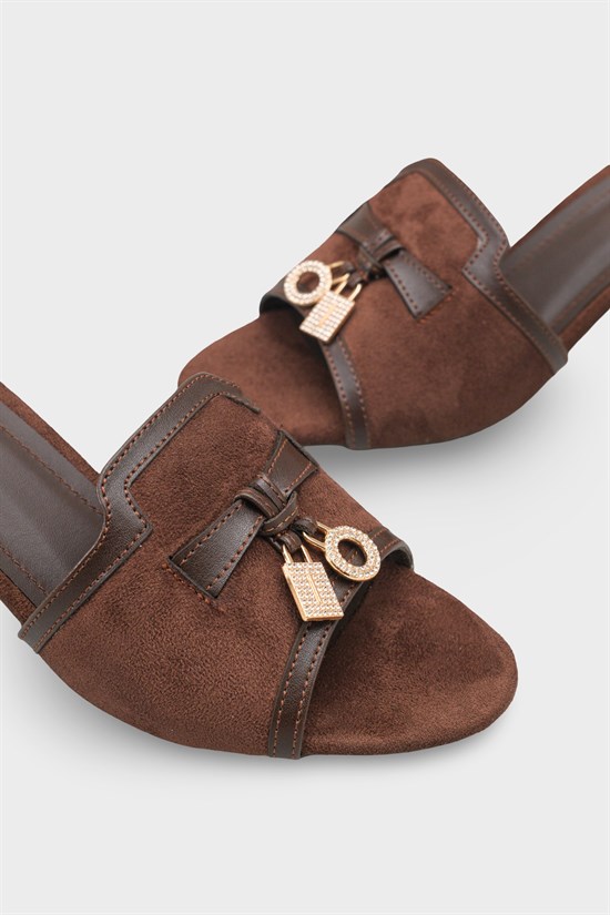 Capone Nady Mid Heel Crystal Embellished Accessory Single Band Women Sued Brown Sandal image 6