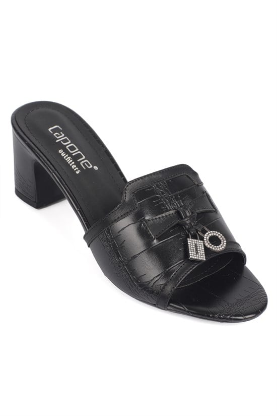 Capone Nady Mid Heel Crystal Embellished Accessory Single Band Women Black Sandal