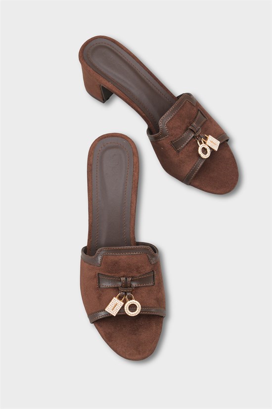 Capone Nady Mid Heel Crystal Embellished Accessory Single Band Women Sued Brown Sandal image 4