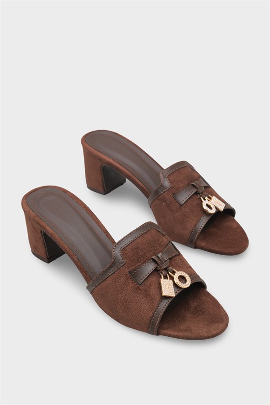 Capone Nady Mid Heel Crystal Embellished Accessory Single Band Women Sued Brown Sandal image 3