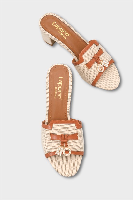 Capone Nady Mid Heel Crystal Embellished Accessory Single Band Women Beige Tan Sandal image 4