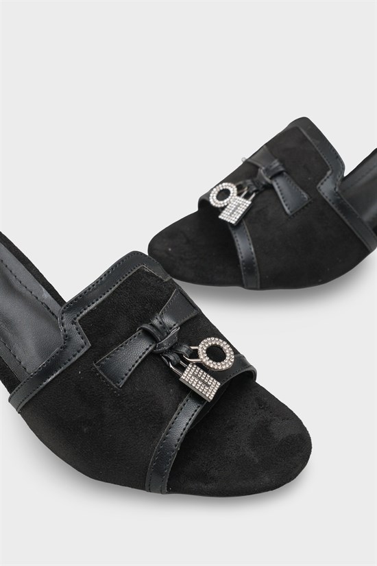 Capone Nady Mid Heel Crystal Embellished Accessory Single Band Women Sued Black Sandal image 6