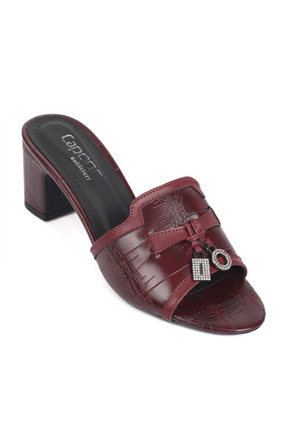 Capone Nady Mid Heel Crystal Embellished Accessory Single Band Women Burgundy Sandal