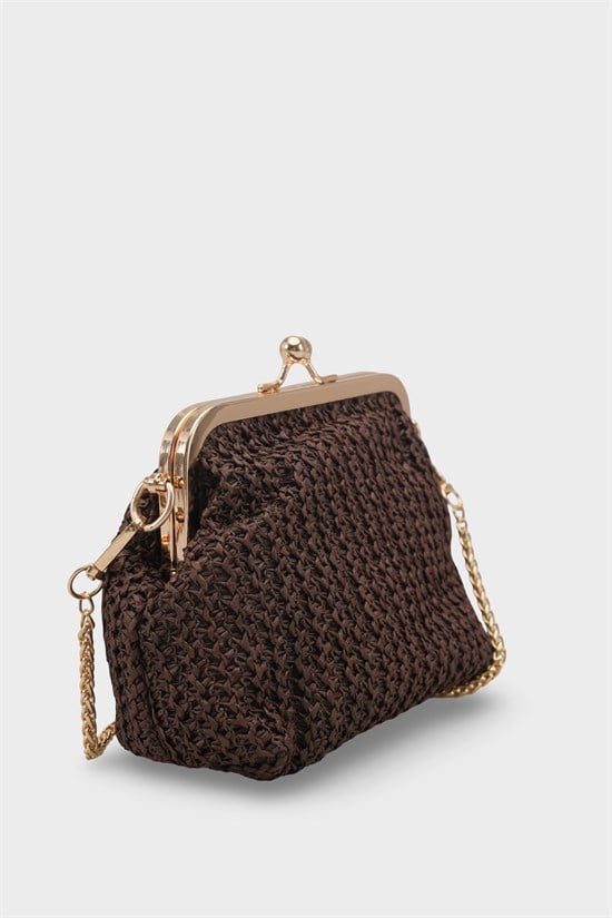 Capone Nice Raffia Look Snap Closure Chain Strap Women Brown Bag image 3